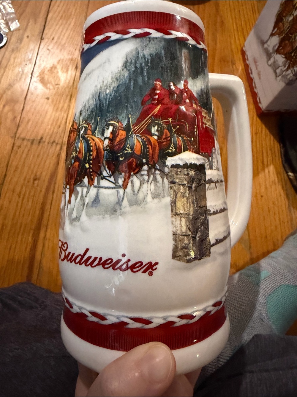 Budweiser White and Red Holiday Ceramic Stein with Sleigh Team Artwork